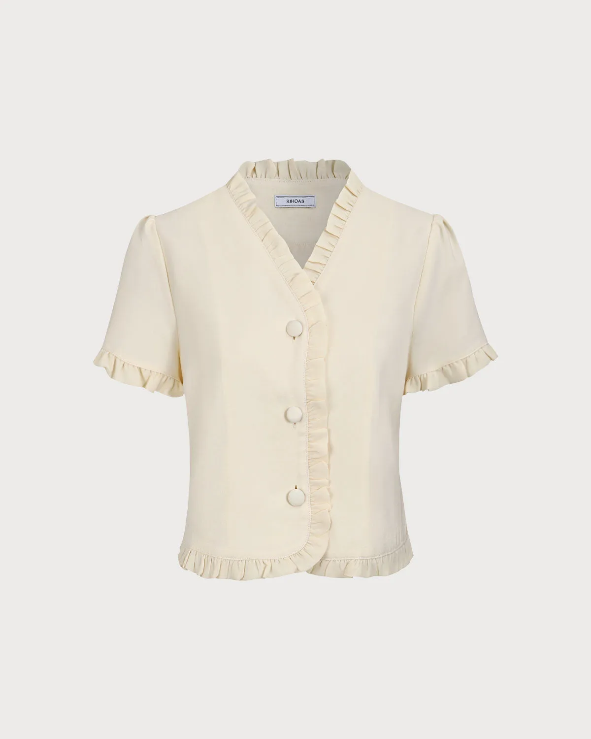 Women's Beige V-Neck Ruffle Blouse sold by rihoas