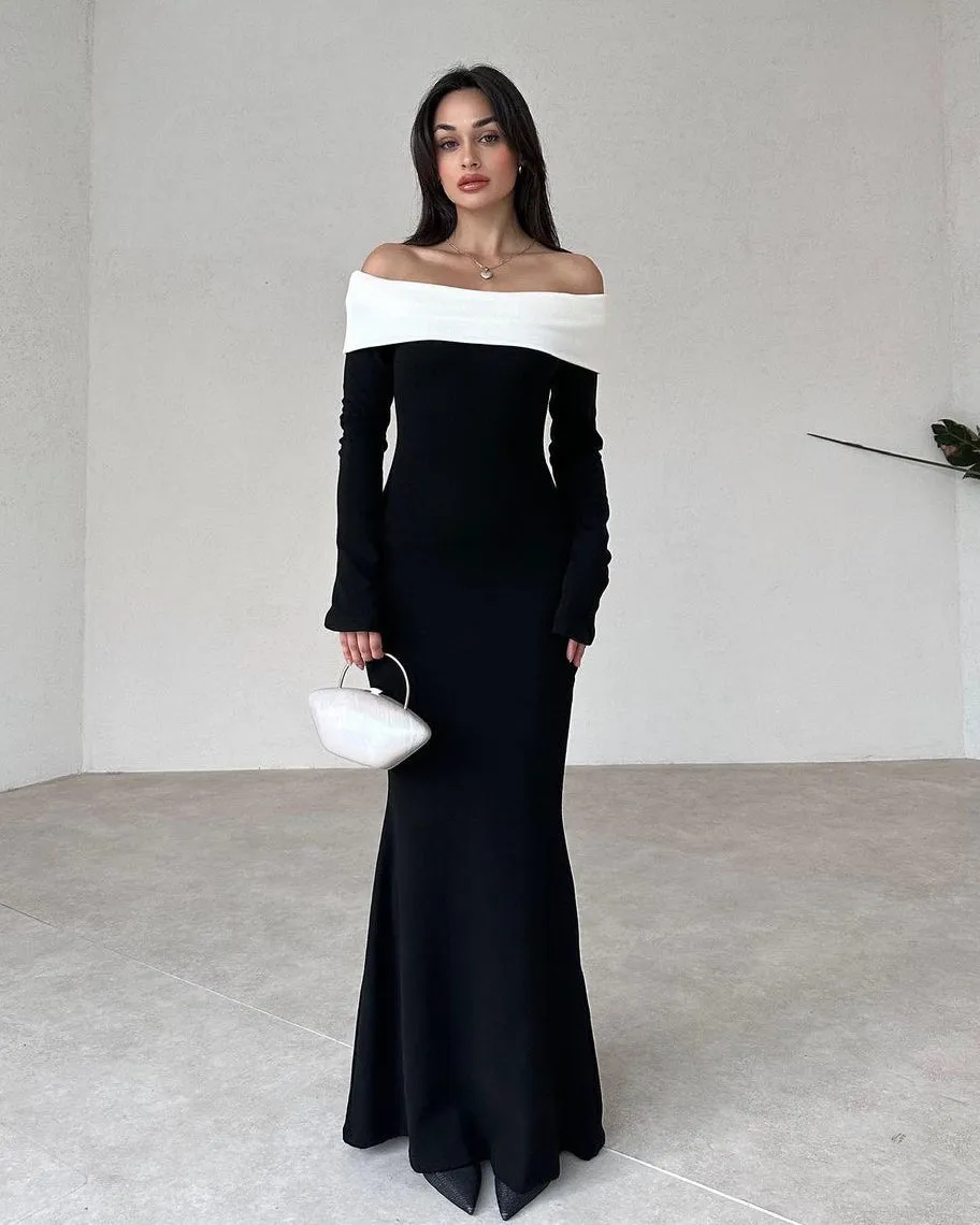 Women's Black Contrasting Off-the-shoulder Maxi Dress sold by rihoas