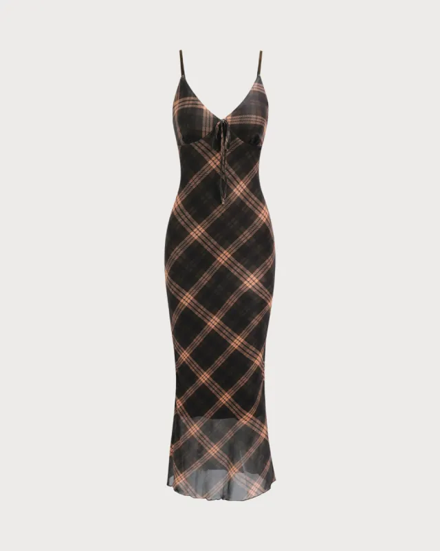 Women's Brown Plaid Bodycon Slip Maxi Dress sold by rihoas
