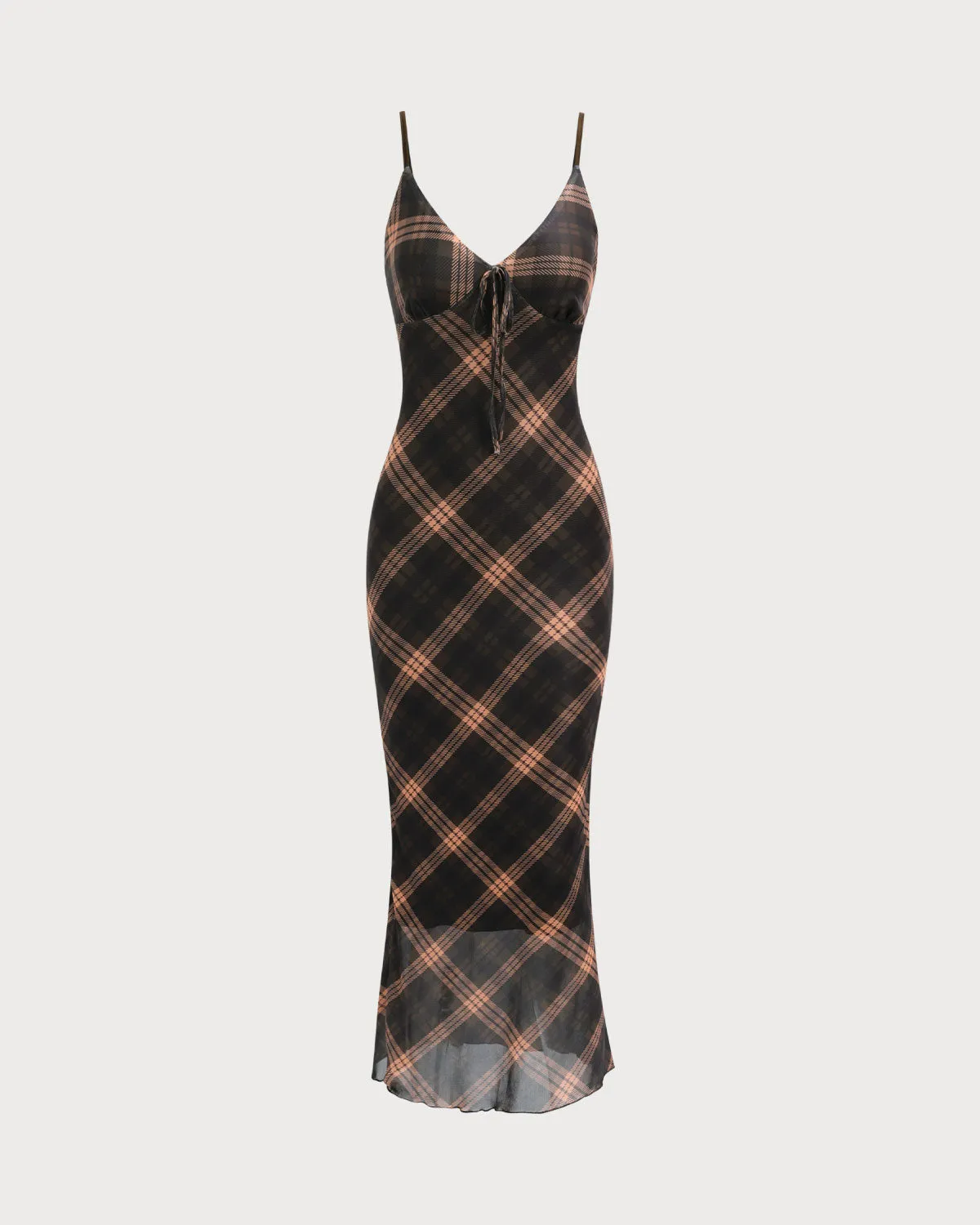 Women's Brown Plaid Bodycon Slip Maxi Dress sold by rihoas