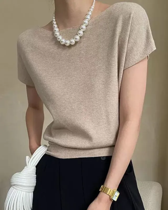 Women's Camel Boat Neck Ribbed Knit Tee sold by rihoas
