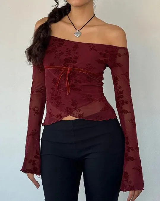 Women's Red Floral Off The Shoulder Tee sold by rihoas