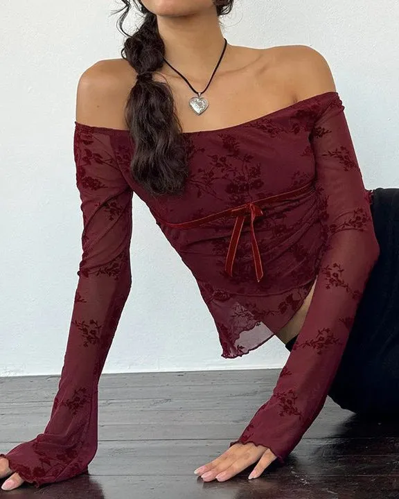 Women's Red Floral Off The Shoulder Tee sold by rihoas product image thumbnail 3