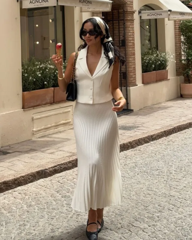 Women's White High-waisted Pleated Midi Skirt sold by rihoas