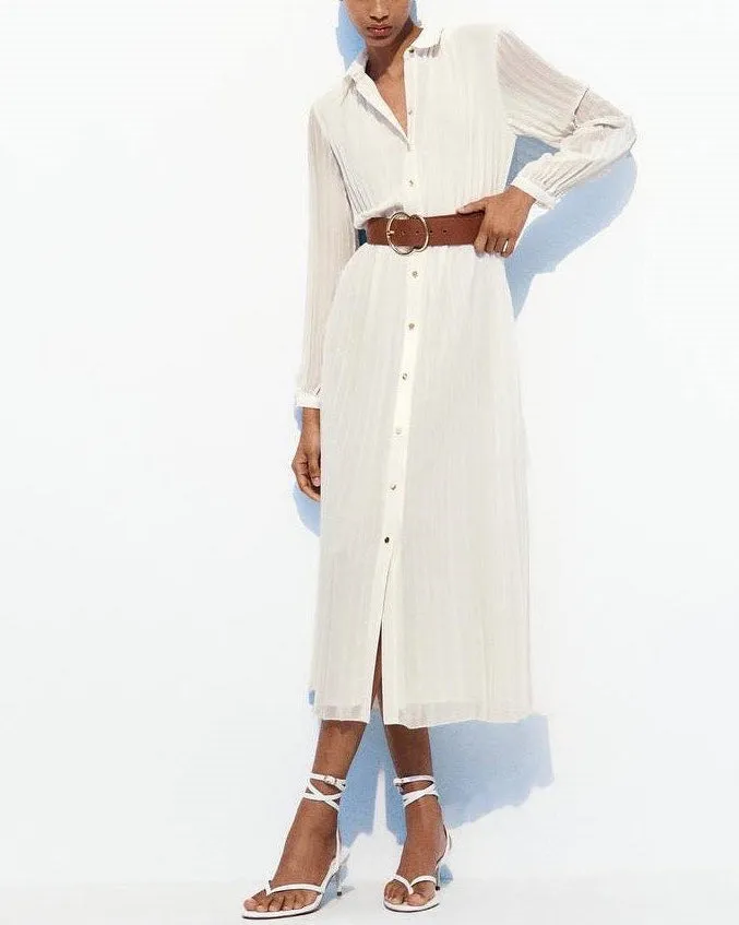 Women's White Chiffon Belted Midi Dress sold by rihoas product image thumbnail 3