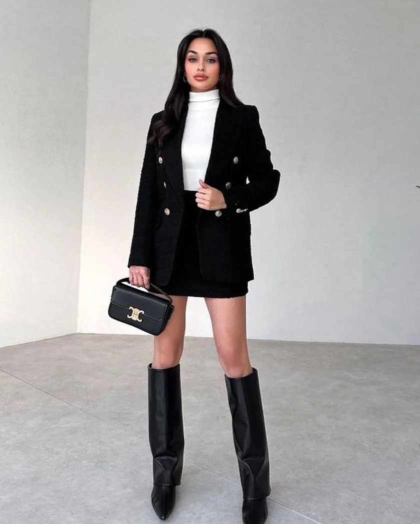 Women's Black Double-breasted Tweed Blazer sold by rihoas product image thumbnail 4