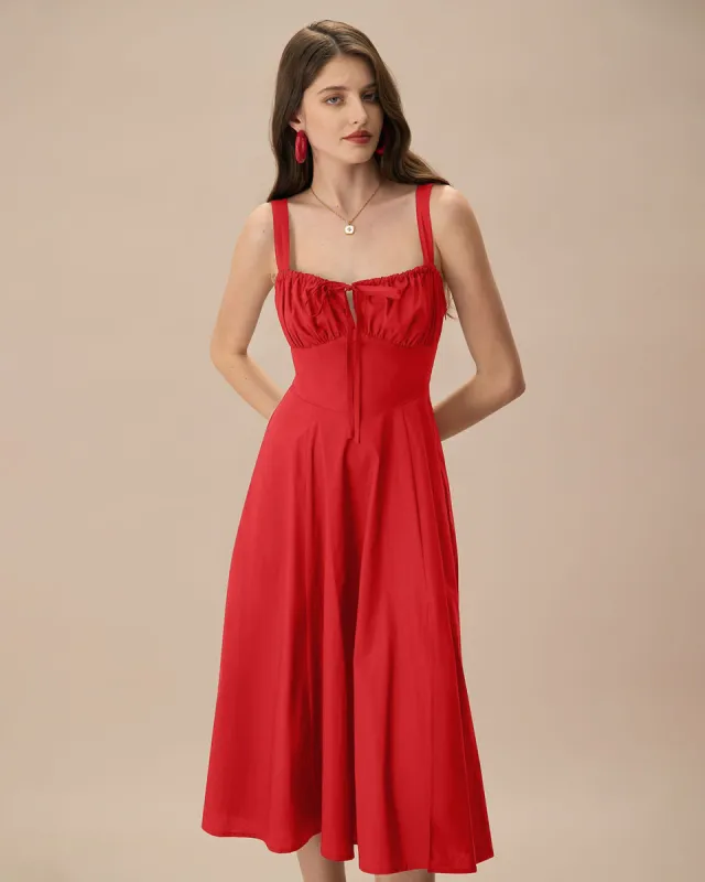 Women's Red Square Neck Ruched Slip Midi Dress sold by rihoas