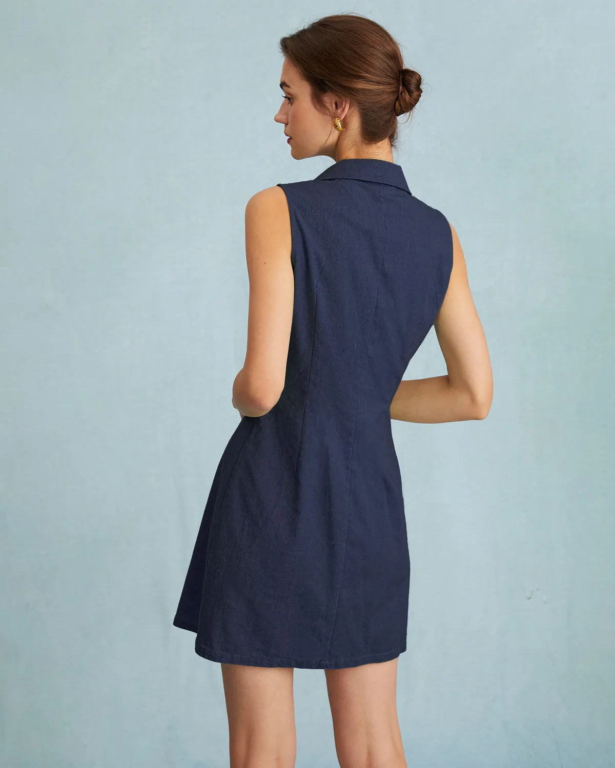 The Navy Lapel Button-up Sleeveless Mini Dress sold by rihoas product image thumbnail 3