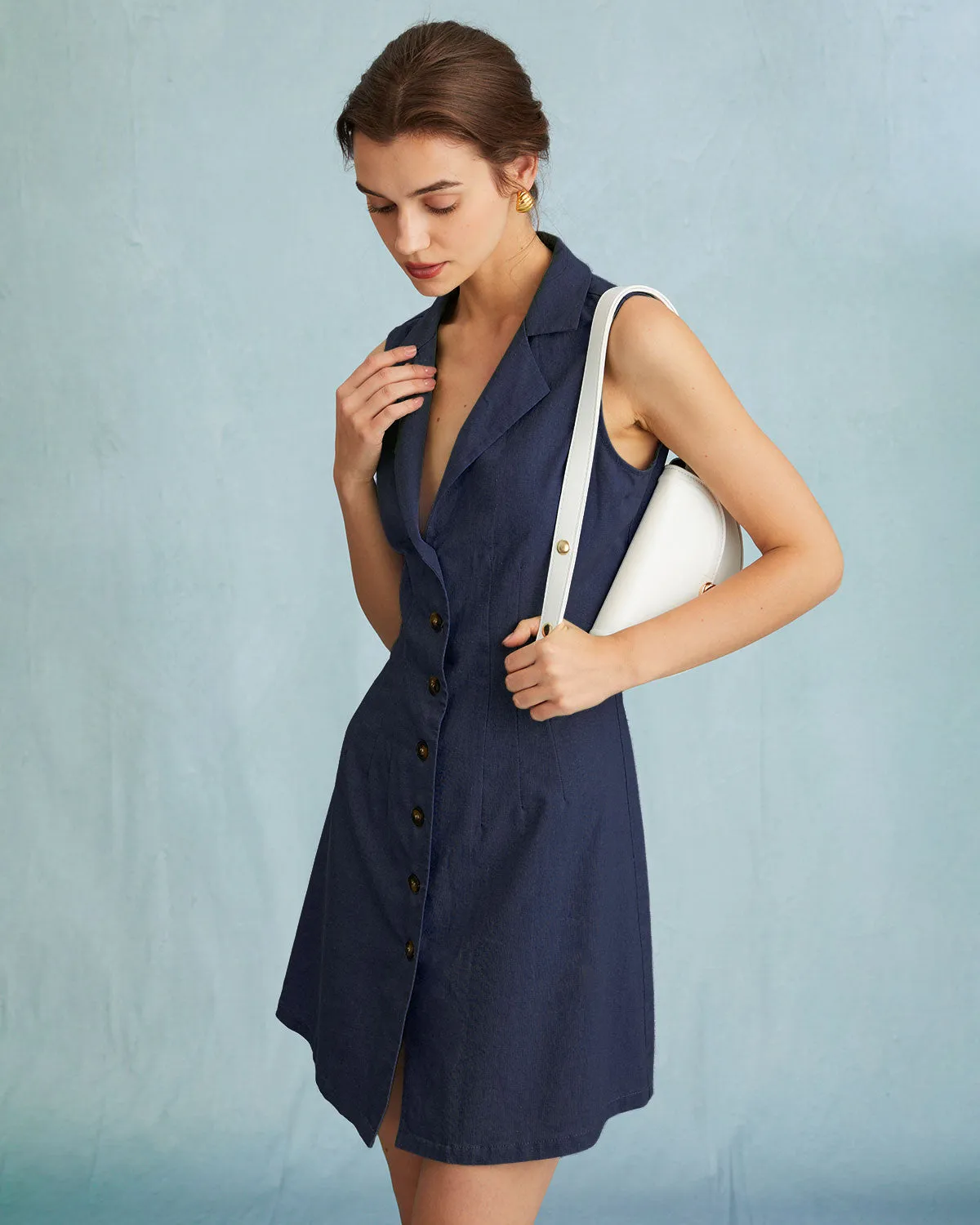 The Navy Lapel Button-up Sleeveless Mini Dress sold by rihoas product image thumbnail 2