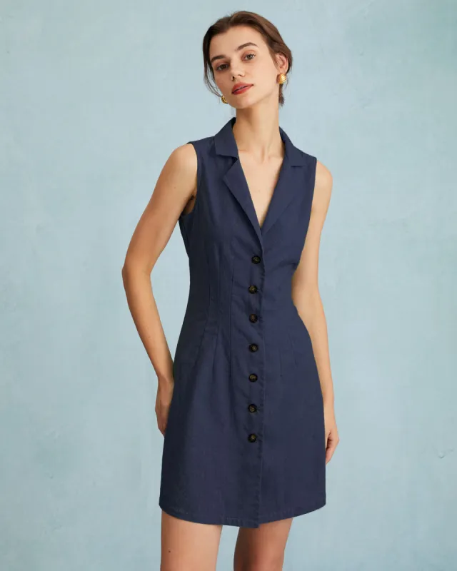 The Navy Lapel Button-up Sleeveless Mini Dress sold by rihoas