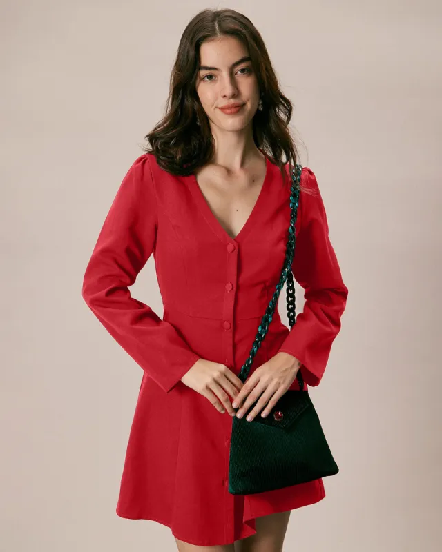 The Red V Neck Button Shirt Mini Dress sold by rihoas