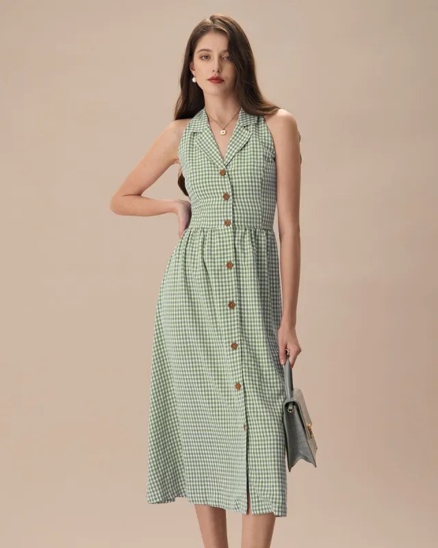 The Green Lapel Plaid Sleeveless Shirt Midi Dress sold by rihoas