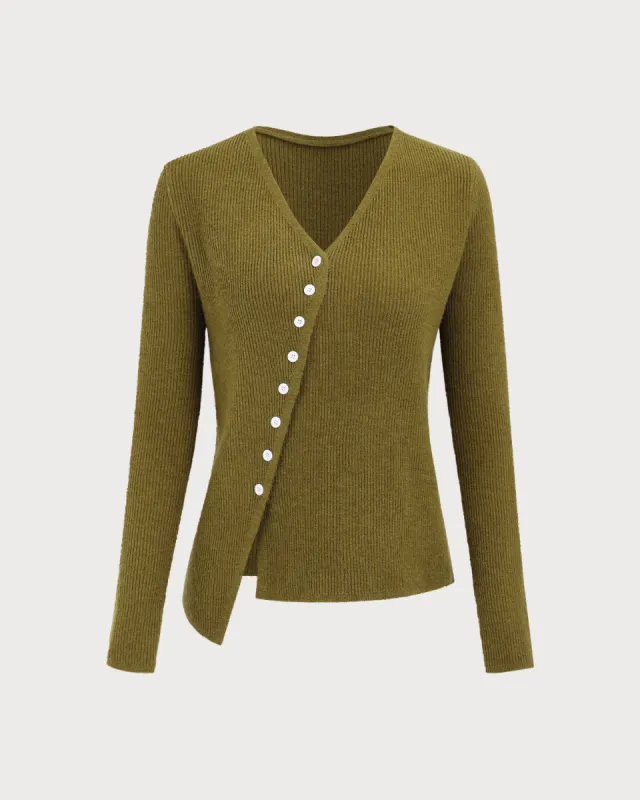 Women's Green V-Neck Ribbed Knit Cardigan sold by rihoas