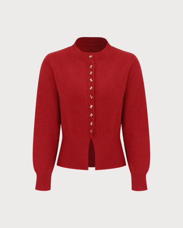 Women's Red Mock Neck Ribbed Knit Cardigan sold by rihoas