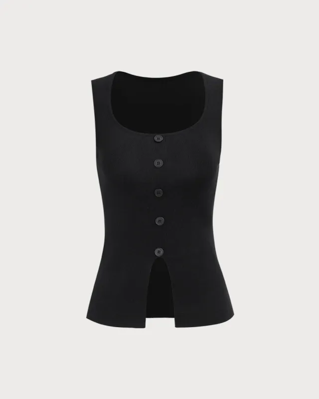 Women's Black Square Neck Button Tank Top sold by rihoas