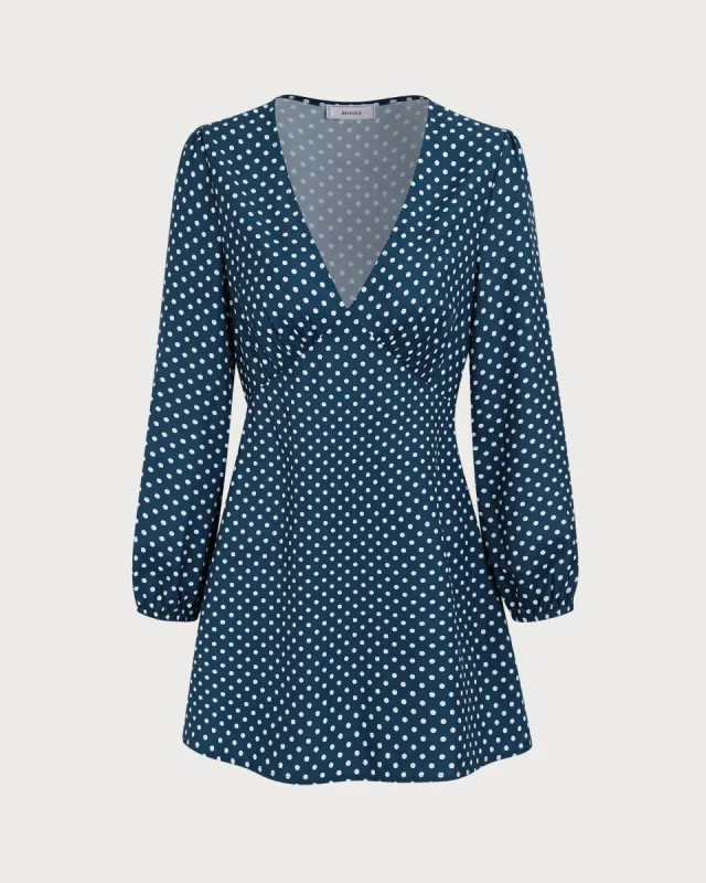 Women's Navy V-neck Polka Dot Mini Dress sold by rihoas