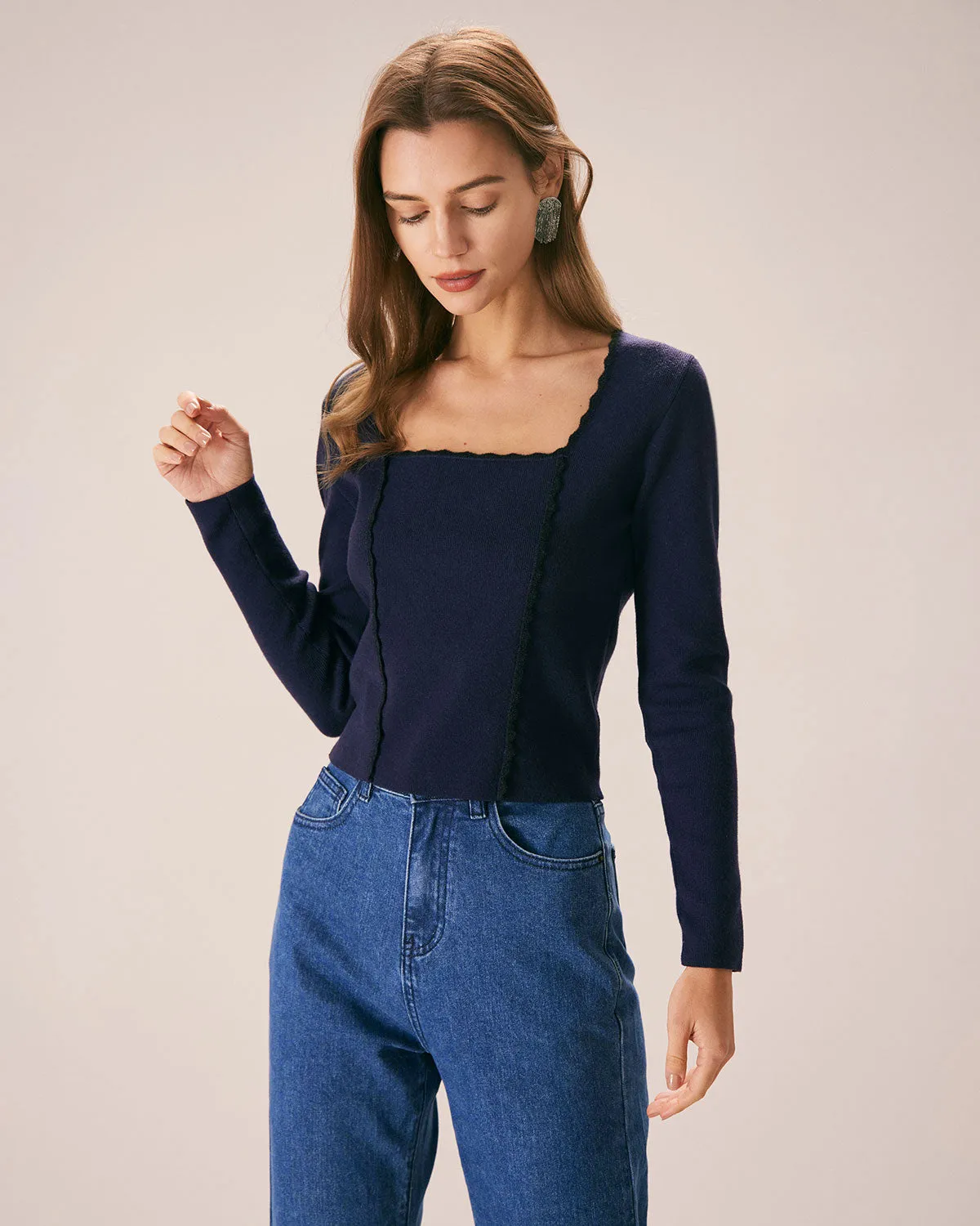 Women's Navy Square Neck Slim Knitted Sweater sold by rihoas product image thumbnail 4