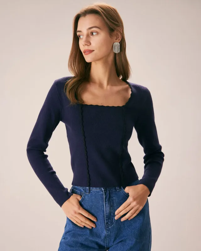 Women's Navy Square Neck Slim Knitted Sweater sold by rihoas
