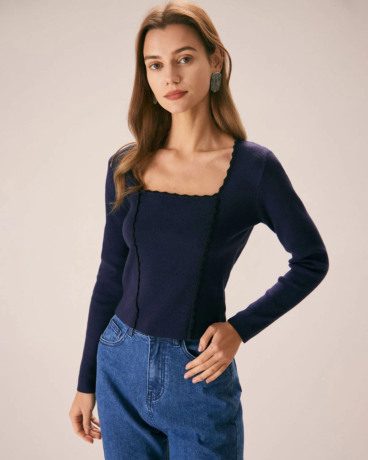 Women's Navy Square Neck Slim Knitted Sweater sold by rihoas product image thumbnail 3