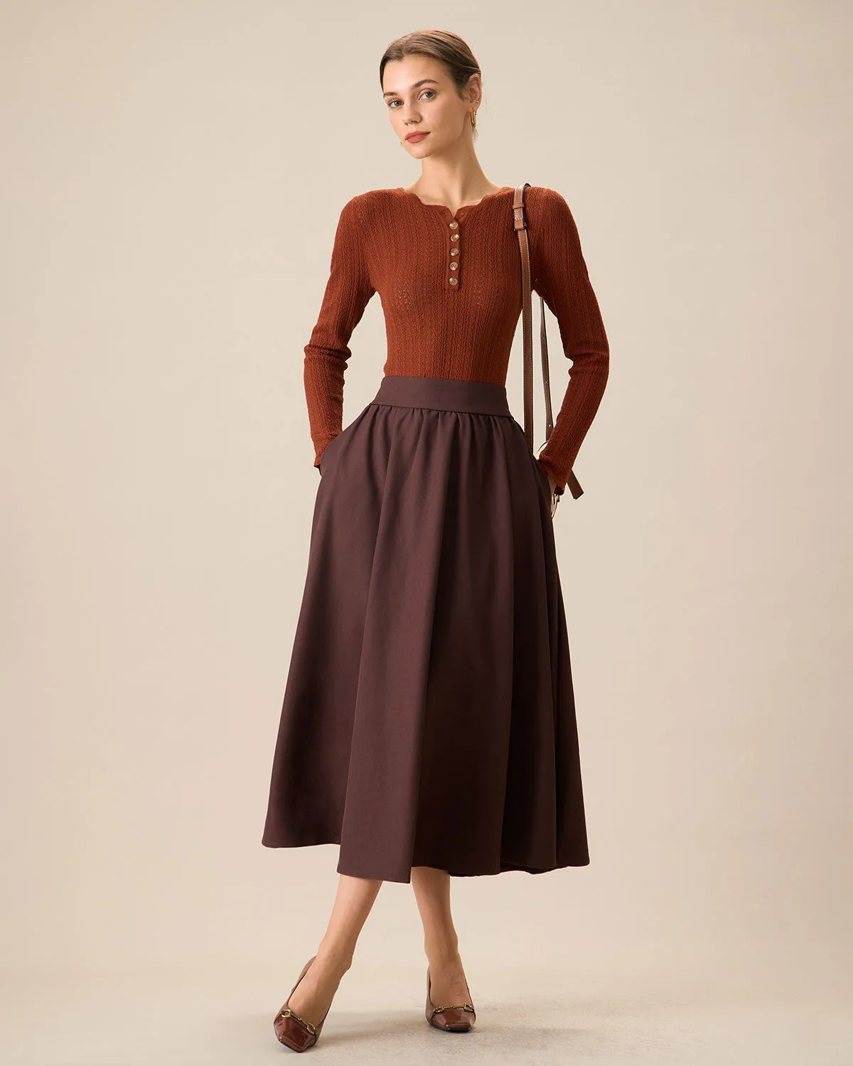 Women's Coffee High-waisted Pleated Midi Skirt sold by rihoas product image thumbnail 2