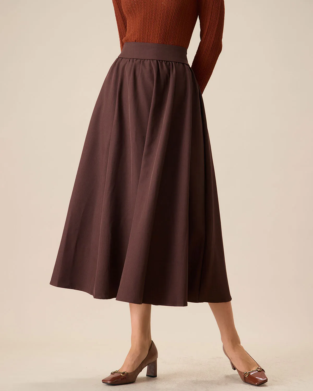 Women's Coffee High-waisted Pleated Midi Skirt sold by rihoas