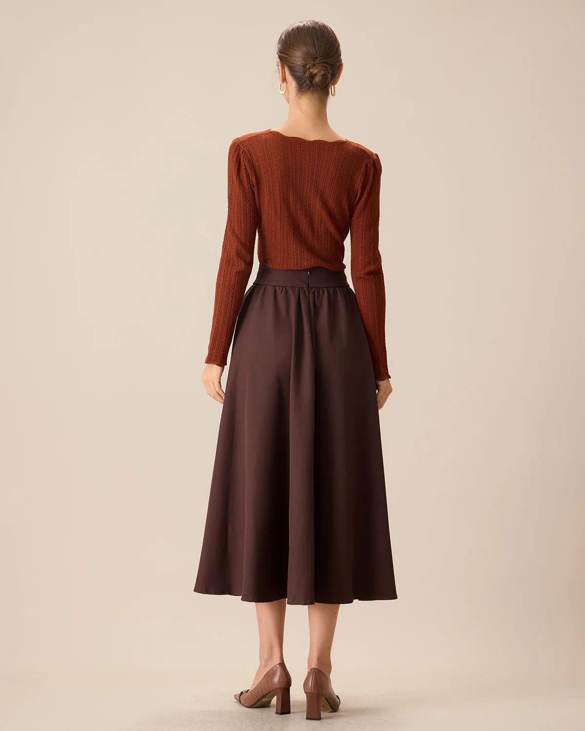 Women's Coffee High-waisted Pleated Midi Skirt sold by rihoas product image thumbnail 4
