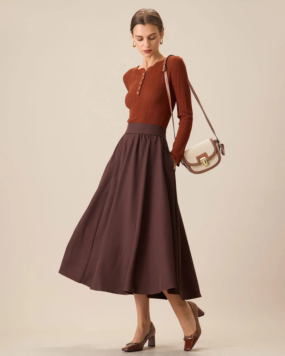 Women's Coffee High-waisted Pleated Midi Skirt sold by rihoas product image thumbnail 3