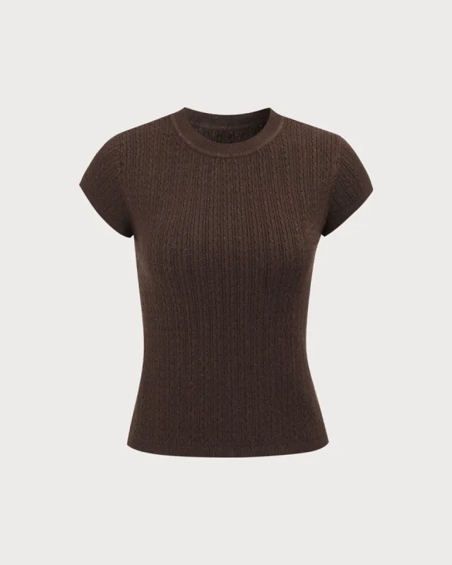 Women's Brown Crew Neck Ribbed Knit Tee sold by rihoas