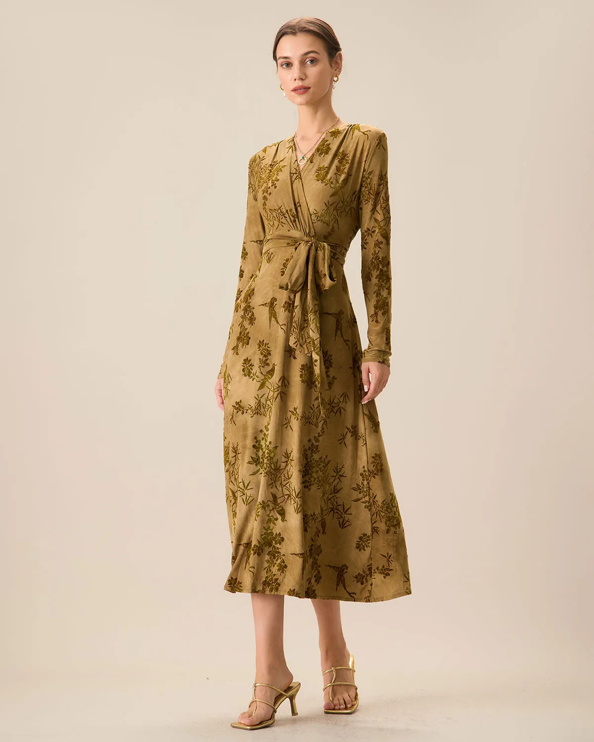 Women's Yellow Ruched Wrap Midi Dress sold by rihoas product image thumbnail 3