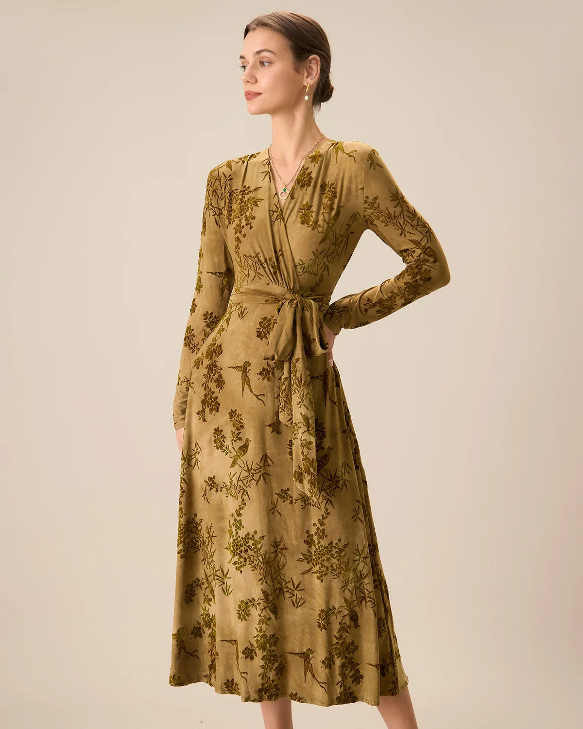 Women's Yellow Ruched Wrap Midi Dress sold by rihoas