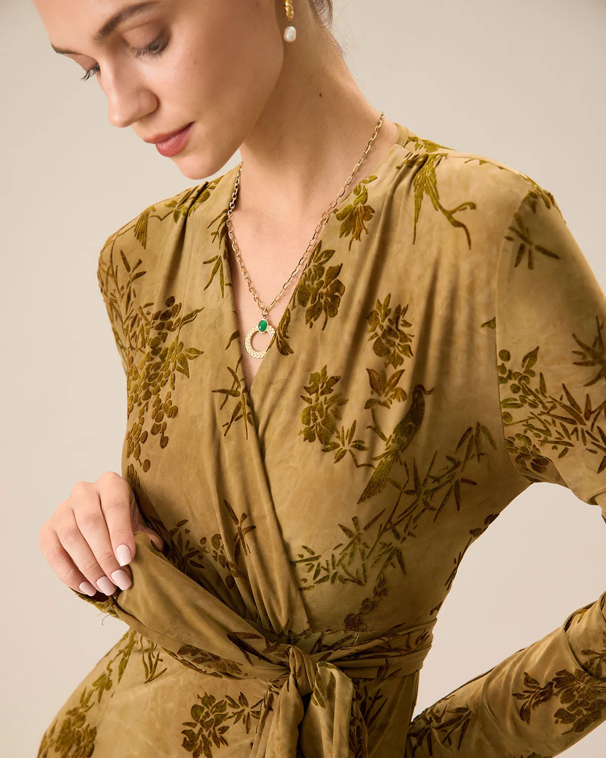 Women's Yellow Ruched Wrap Midi Dress sold by rihoas product image thumbnail 2