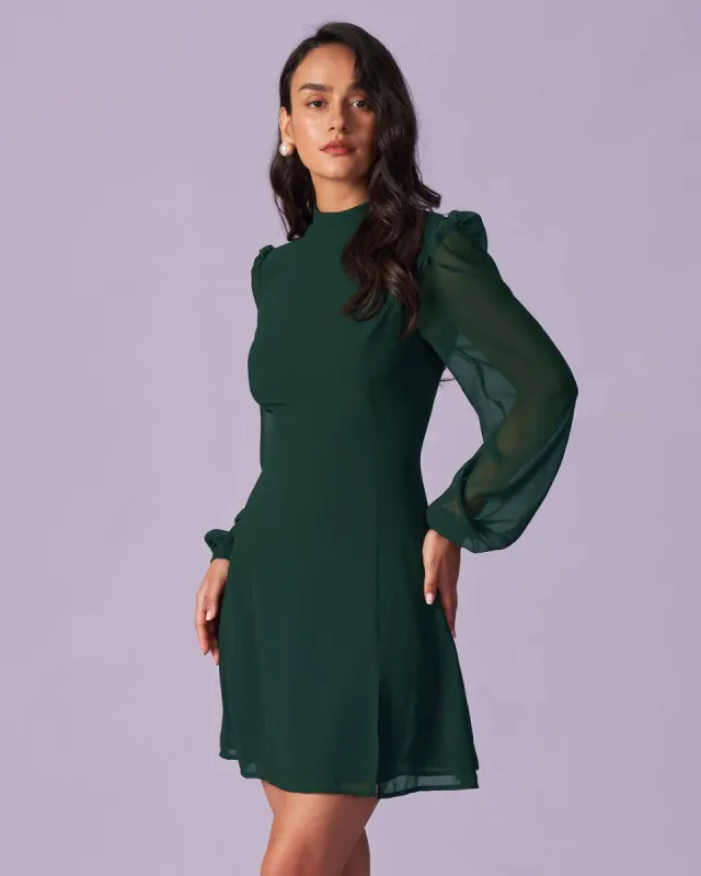 The Green Stand Collar Sheer Slit Mini Dress sold by rihoas