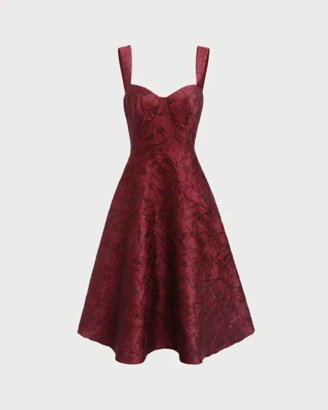 The Red Sweetheart Neck Jacquard Midi Dress sold by rihoas