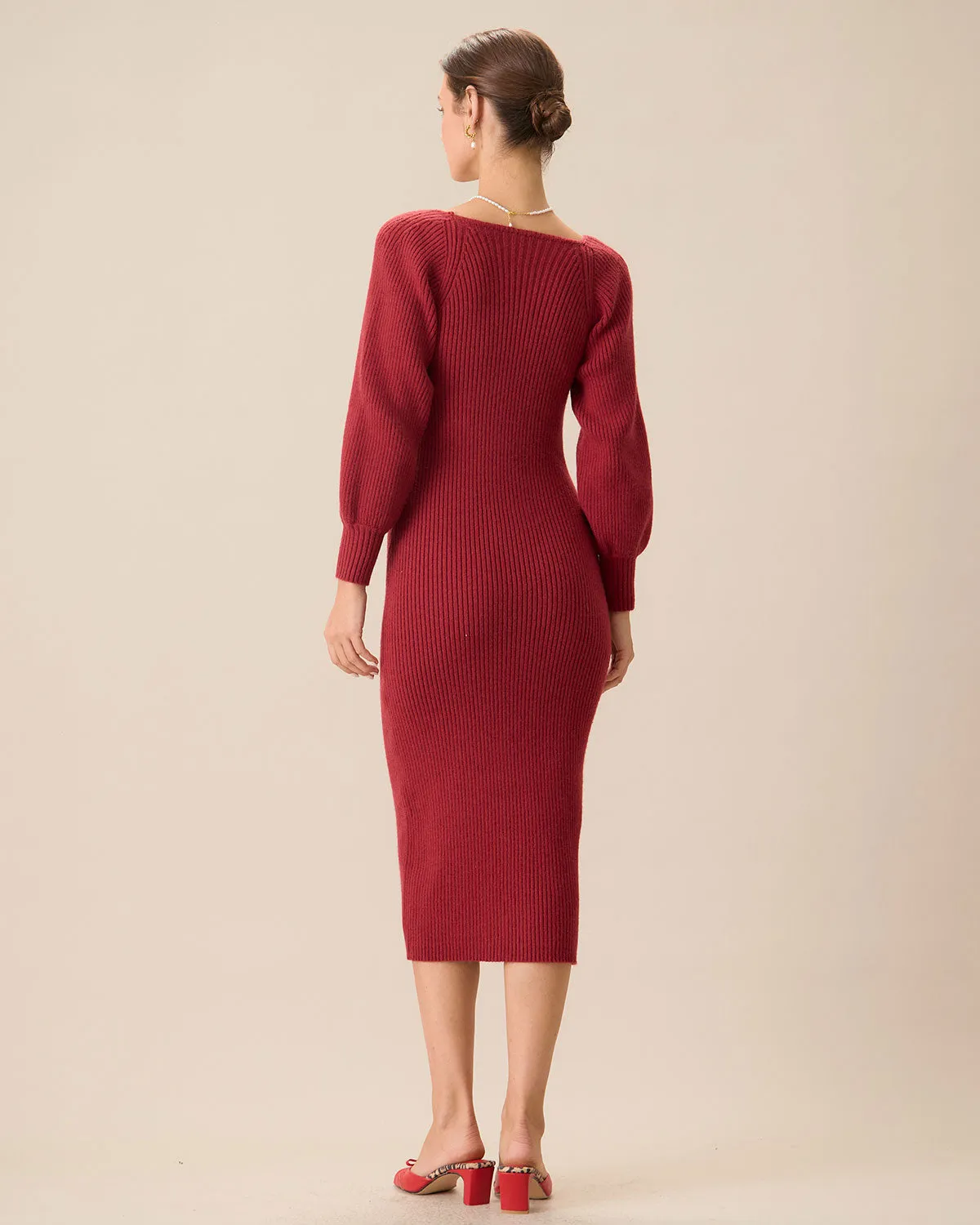 Women's Red Ribbed Knit Bodycon Sweater Dress sold by rihoas product image thumbnail 4