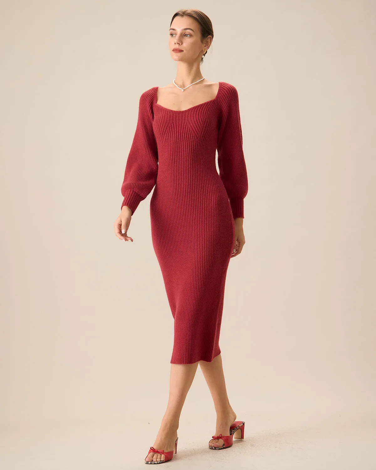 Women's Red Ribbed Knit Bodycon Sweater Dress sold by rihoas product image thumbnail 3