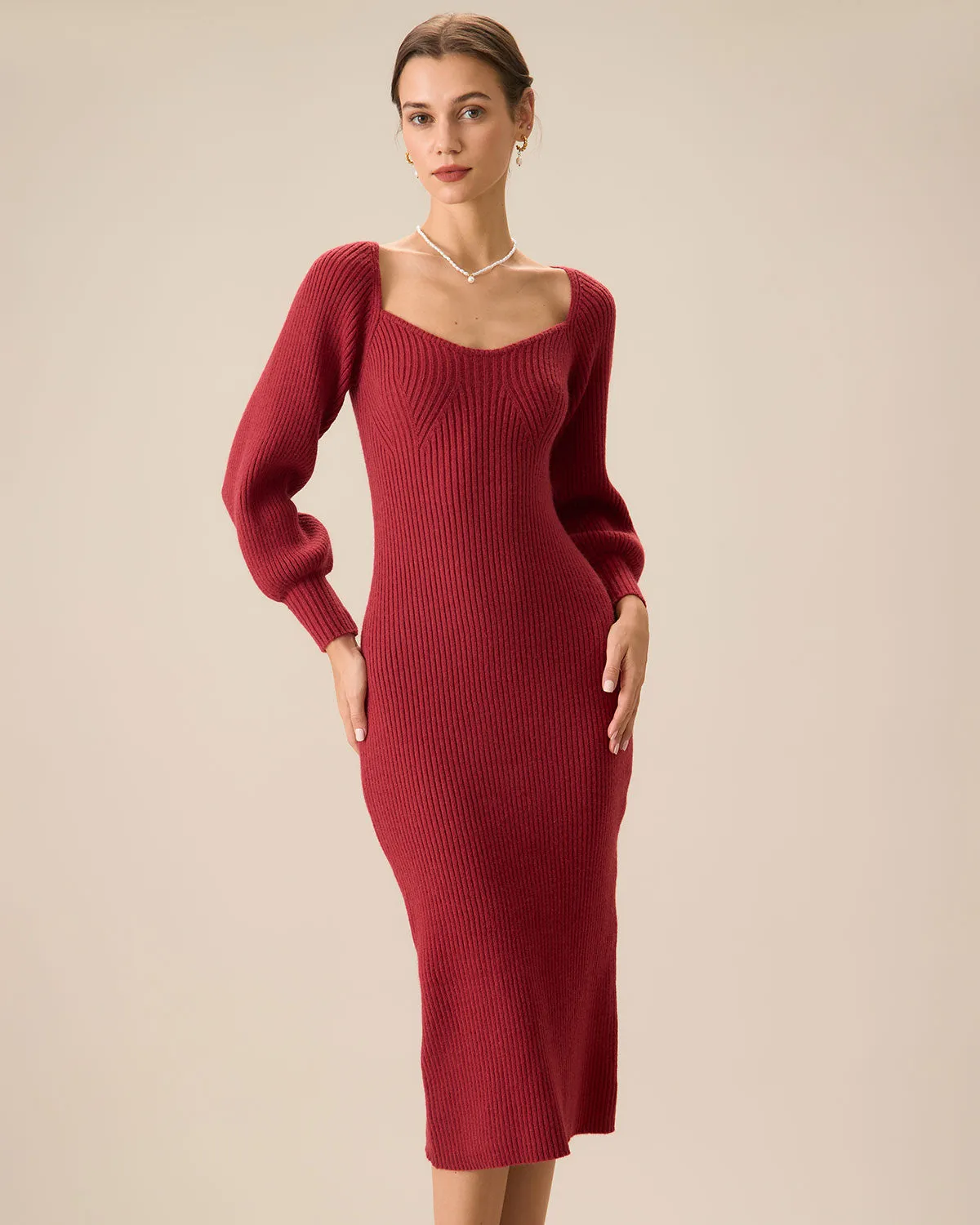 Women's Red Ribbed Knit Bodycon Sweater Dress sold by rihoas