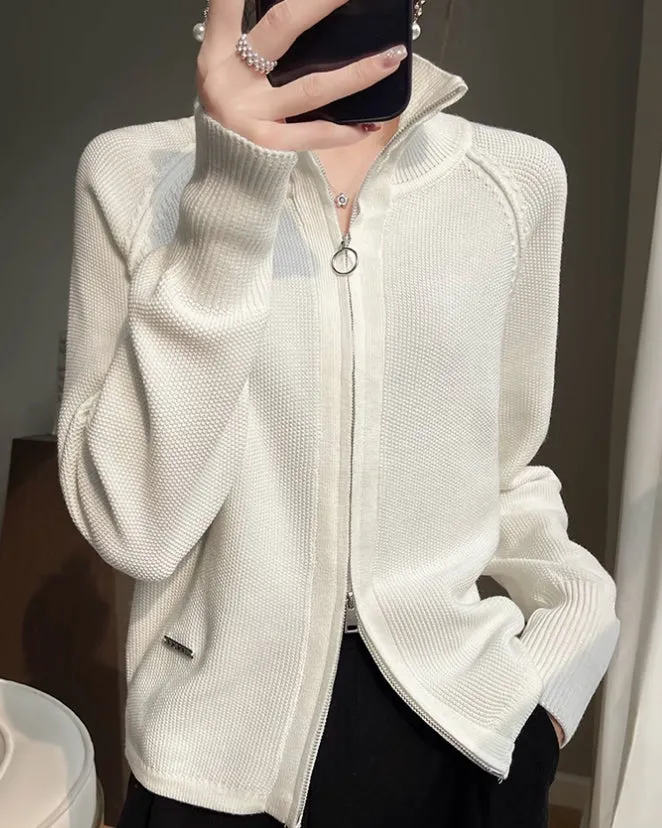 Women's Apricot Ribbed Knit Zipper Cardigan sold by rihoas product image thumbnail 2