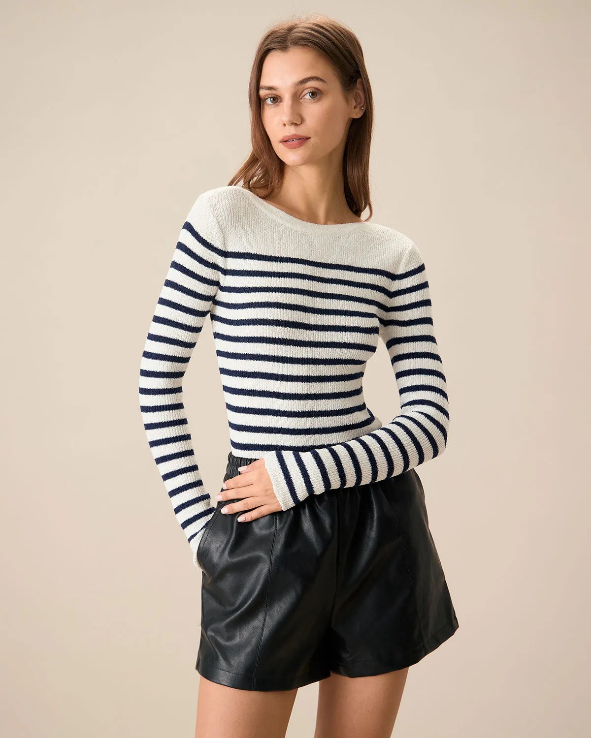 Women's Navy Boat Neck Slim Striped Sweater sold by rihoas