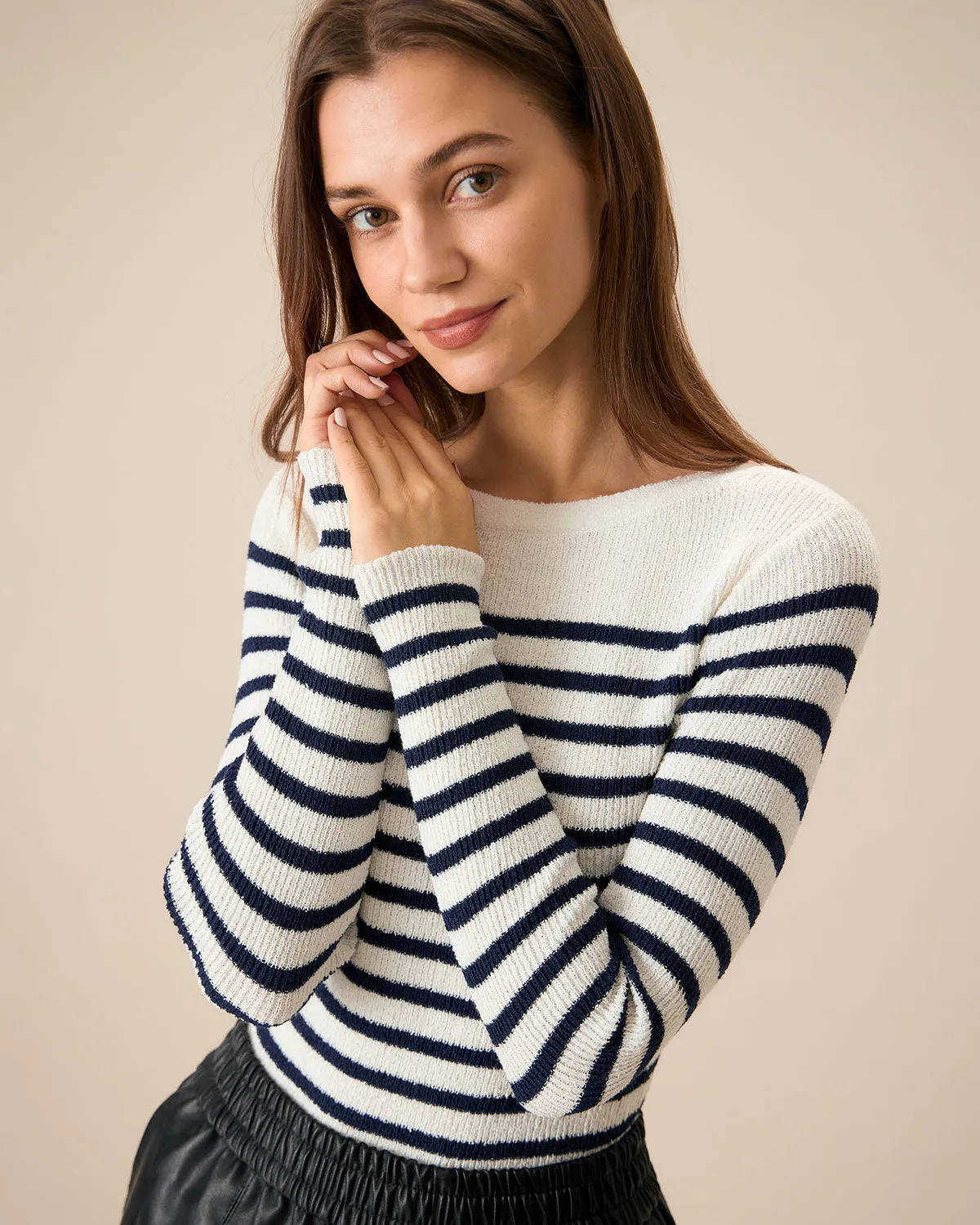 Women's Navy Boat Neck Slim Striped Sweater sold by rihoas product image thumbnail 2