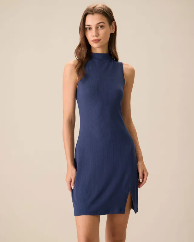 Women's Navy Mock Neck Sweater Mini Dress sold by rihoas
