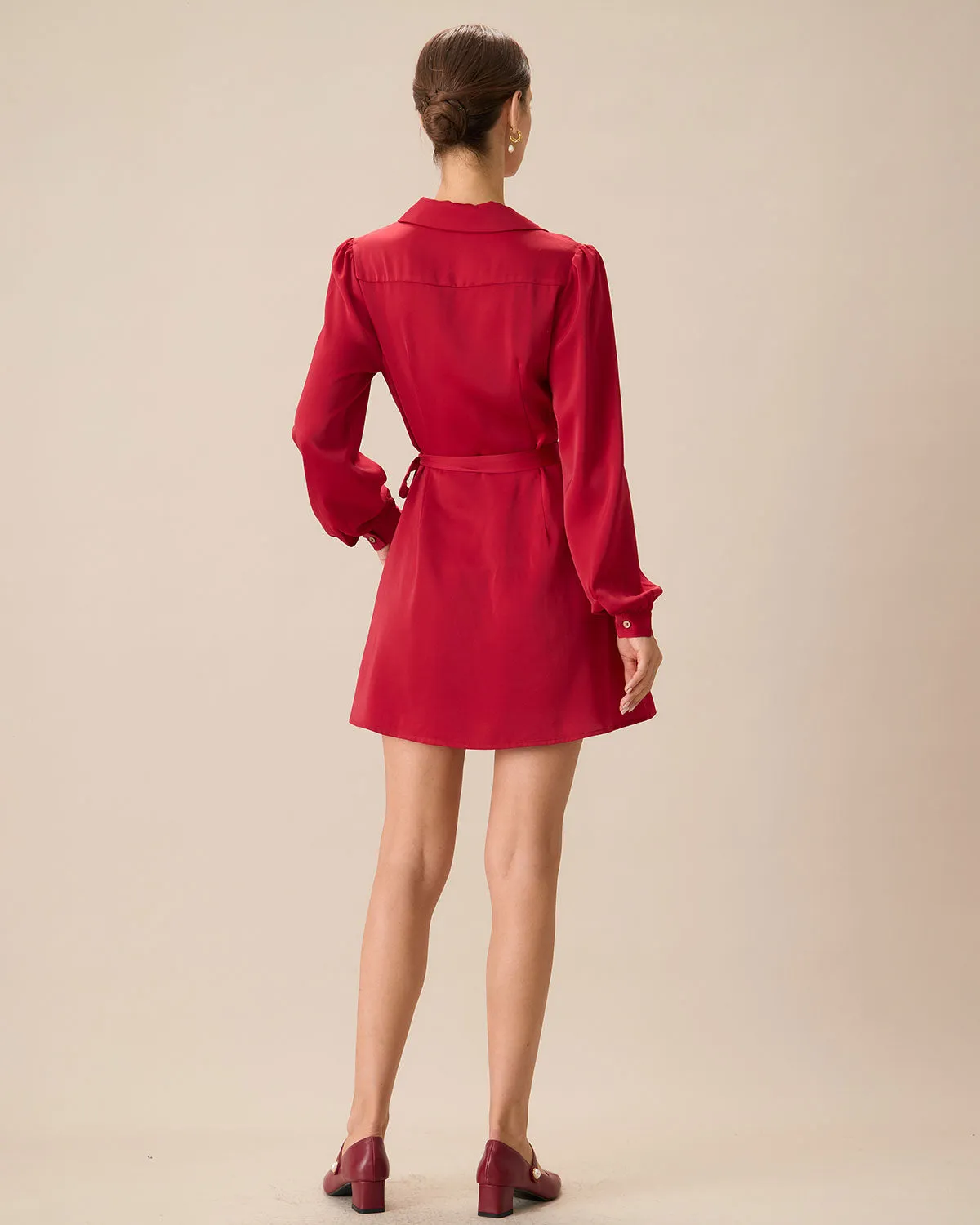 Women's Red Satin Tie-Waist Mini Dress sold by rihoas product image thumbnail 4