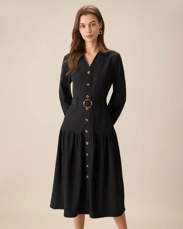 Women's Black V Neck Belted Midi Dress sold by rihoas