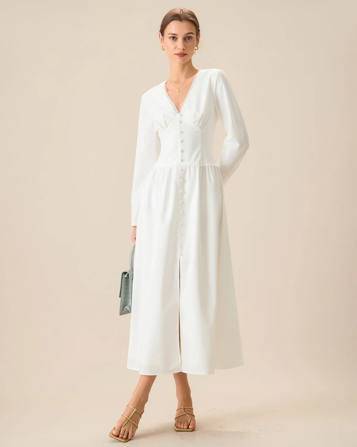 White Ruched Button Maxi Dress sold by rihoas product image thumbnail 3