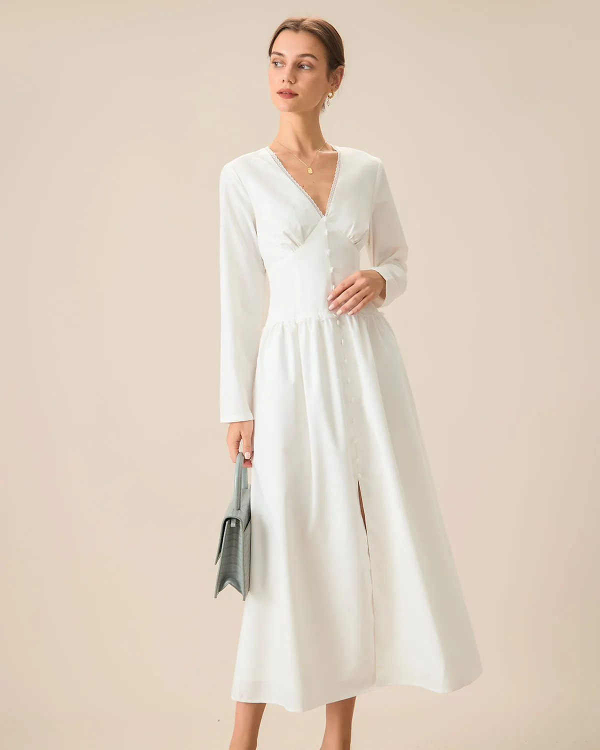 White Ruched Button Maxi Dress sold by rihoas