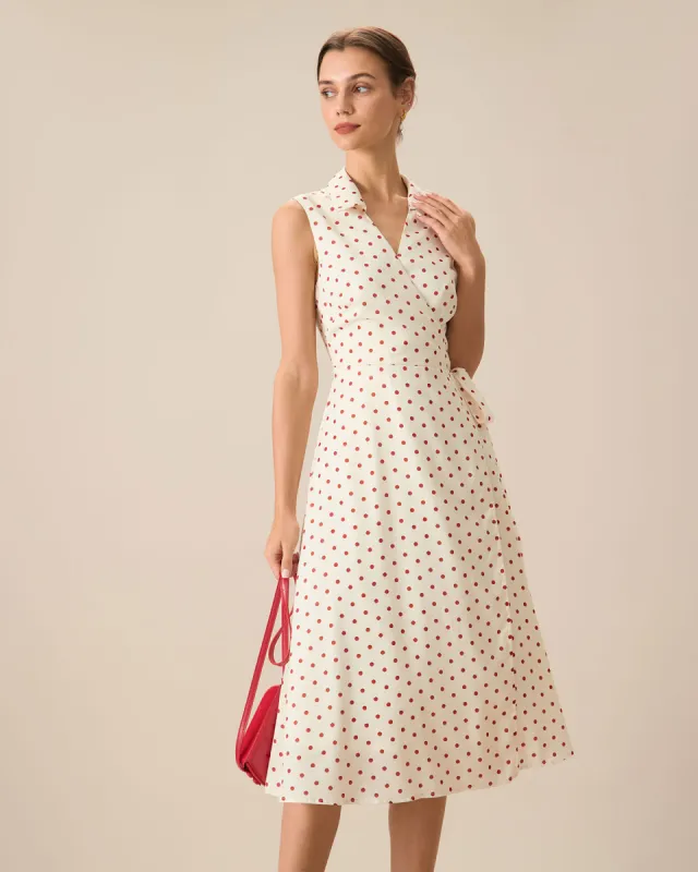 Women's Beige Poka Dot Wrap Midi Dress sold by rihoas