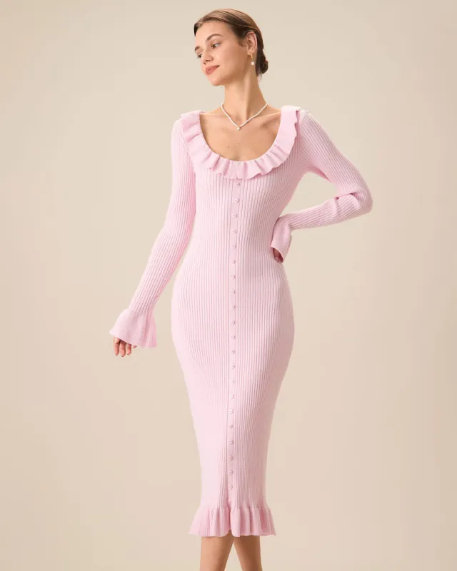 Women's Pink U-Neck Ruffle Bodycon Sweater Dress sold by rihoas