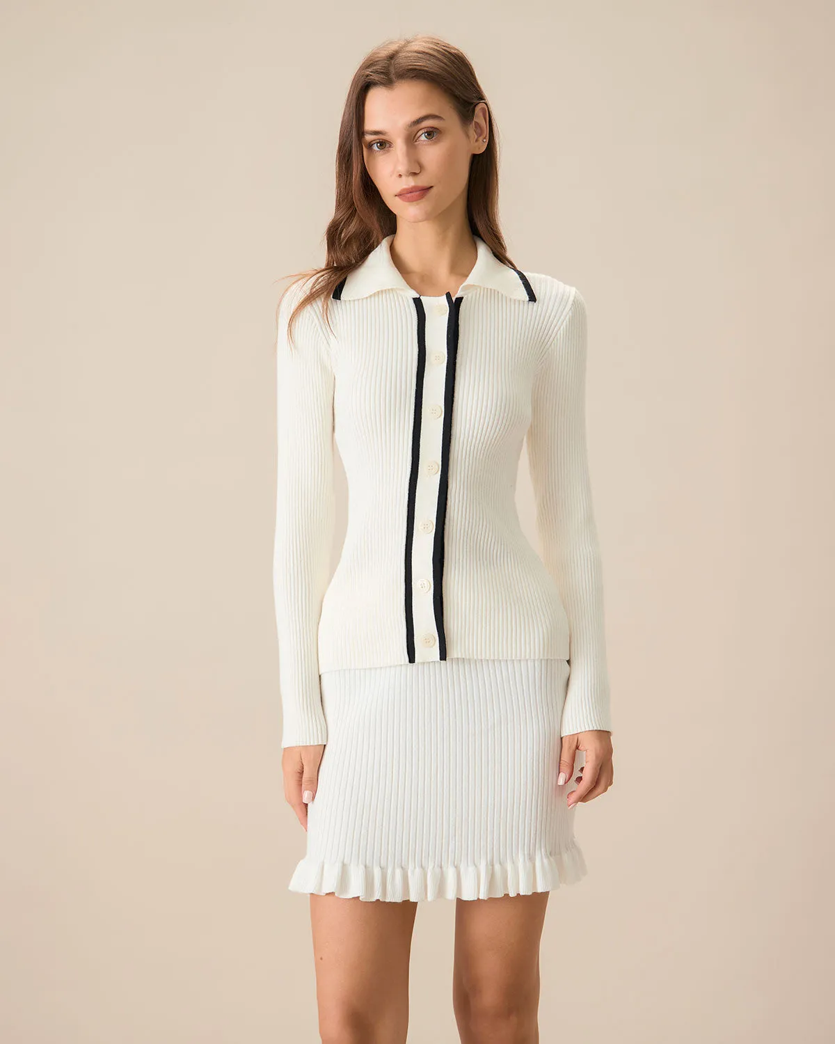 Women's Beige Contrasting Single-Breasted Cardigan sold by rihoas