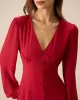 Women's Red V-Neck Puff Sleeve Slit Midi Dress sold by rihoas