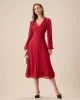 Women's Red V-Neck Puff Sleeve Slit Midi Dress sold by rihoas