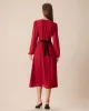 Women's Red V-Neck Puff Sleeve Slit Midi Dress sold by rihoas